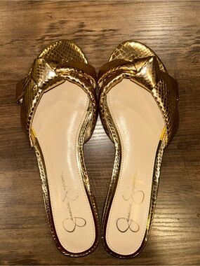 Jessica Simpson Metallic Gold Knot Slide Mules
